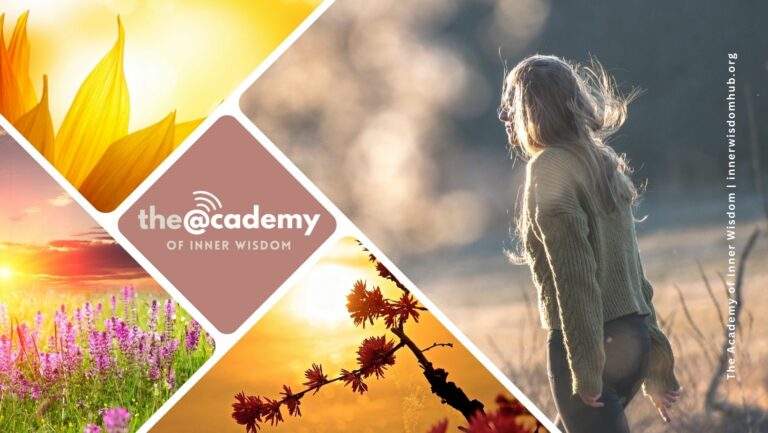 Academy of Inner wisdom, collage of sunrises, beautiful flowers and person walking forward through a field. Acadamey of Inner wisdom understanding